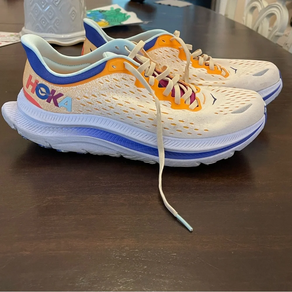 HOKA Women's Neutral Running Shoes - White with Orange & Blue